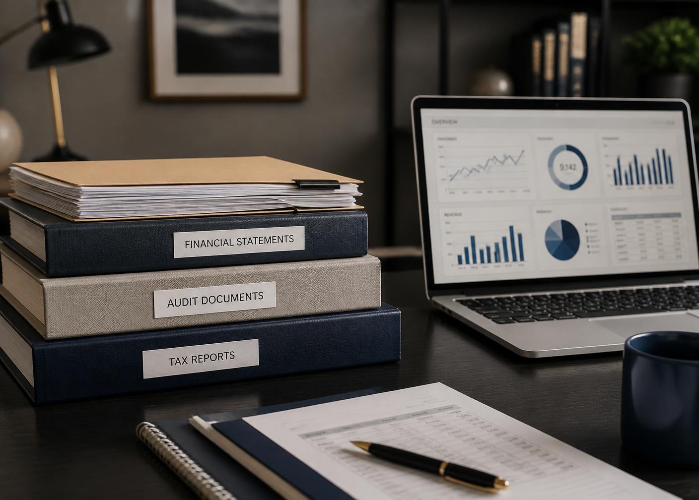 Documentos financeiros organizados ao lado de um laptop com relatórios