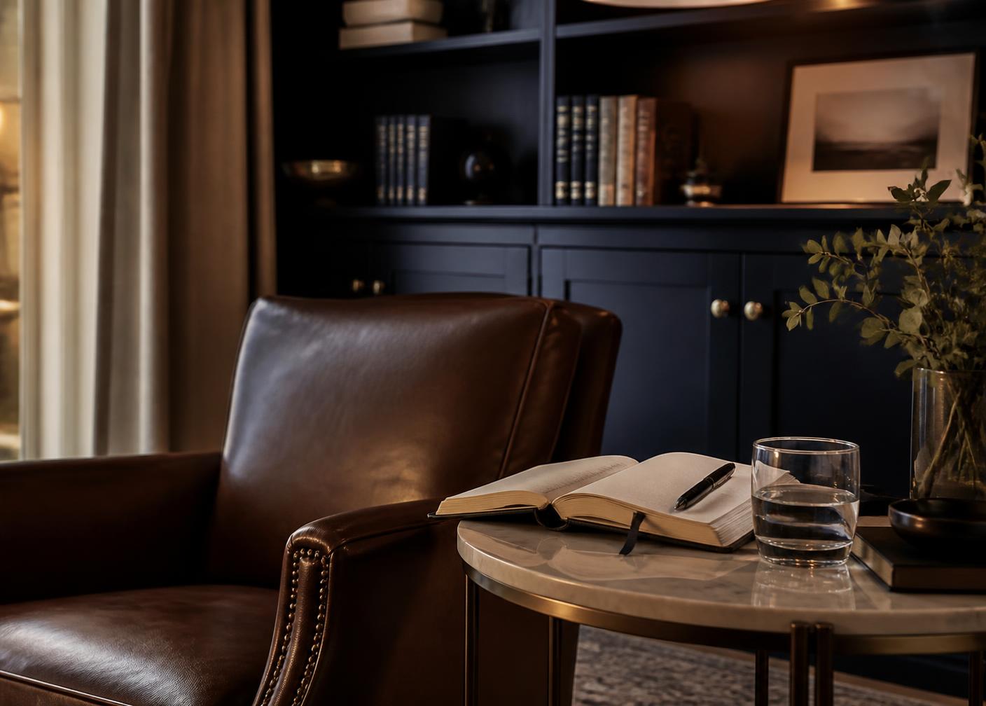 Ambiente residencial elegante com caderno e documentos sobre uma mesa